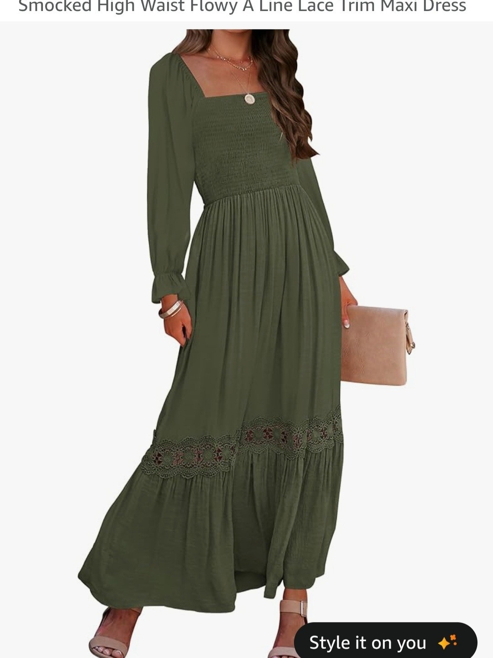 Olive Green Smocked Waist Maxi Dress with Lace Trim